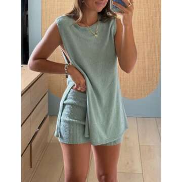BQDCQB Womens Summer Sweater Set Sleeveless Knit Top Matching Shorts Set 2 Piece Outfits Beach Vacation Lounge Set(LightGreen-XS)