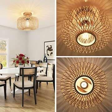 FRIDEKO HOME Woven Rattan Flush Mount Light Fixture - Boho Light Fixtures Ceiling Bedroom Ceiling Li...