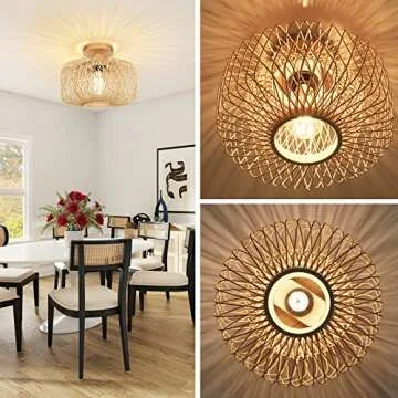 FRIDEKO HOME Woven Rattan Flush Mount Light Fixture - Boho Light Fixtures Ceiling Bedroom Ceiling Li...