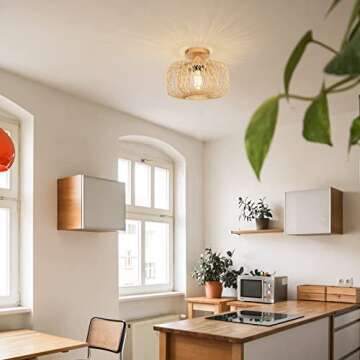 FRIDEKO HOME Woven Rattan Flush Mount Light Fixture - Boho Light Fixtures Ceiling Bedroom Ceiling Lights Flush Mount Ceiling Light for Living Room Hallway Kitchen Entryway Farmhouse