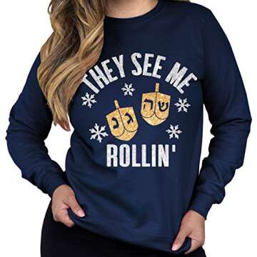 NoBull Woman Apparel They See Me Rollin' Women's Hanukkah Ugly Sweater Crew Neck (Small) Navy Blue
