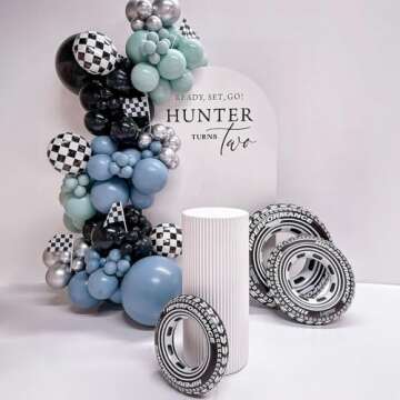 HILAVO Dusty Blue and Black Balloons 60pcs 12 Inch Race Car Slate Light Pale Blue Green Black Metallic Silver Latex Helium Balloon for Boys Race Car Fast Birthday Safari Baby Shower Party Decorations