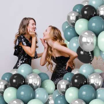 HILAVO Dusty Blue and Black Balloons 60pcs 12 Inch Race Car Slate Light Pale Blue Green Black Metallic Silver Latex Helium Balloon for Boys Race Car Fast Birthday Safari Baby Shower Party Decorations