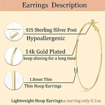 Cocadant Big Gold Hoop Earrings for Women,3 Colors Large Thin 60mm Rose Gold Silver Hoop Earrings Set Stainless Steel 14K Gold Plated with Hypoallergenic Sterling Silver Post