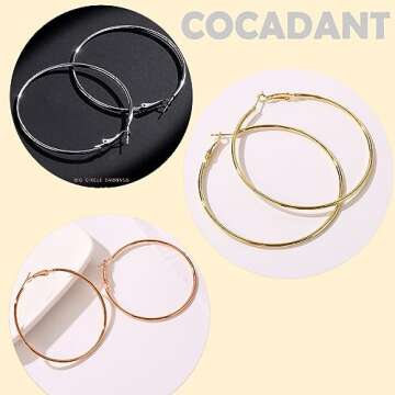 Cocadant Big Gold Hoop Earrings for Women,3 Colors Large Thin 60mm Rose Gold Silver Hoop Earrings Set Stainless Steel 14K Gold Plated with Hypoallergenic Sterling Silver Post
