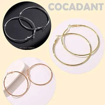 Cocadant Big Gold Hoop Earrings for Women,3 Colors Large Thin 60mm Rose Gold Silver Hoop Earrings Set Stainless Steel 14K Gold Plated with Hypoallergenic Sterling Silver Post