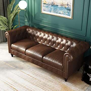 MGH Chesterfield Sofas, 83" PU Couch,Tufted 3 Seats Living Furniture, Mid-Century Sofa Couch Daybed for Living Room and Bedroom (Brown-2)