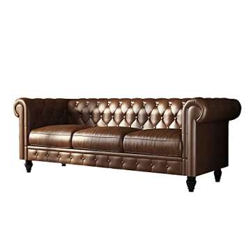 MGH Chesterfield Sofas, 83" PU Couch,Tufted 3 Seats Living Furniture, Mid-Century Sofa Couch Daybed for Living Room and Bedroom (Brown-2)