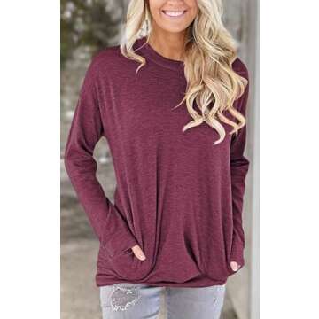 PLOKNRD Loose Fit Shirts for Women Pockte T Shirt Casual Tunic Tops Burgundy Wine Red L