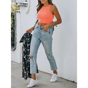 REORIA Women's Sexy Sleeveless High Neck Racerback Cropped Tank Tops Cute Teen Girls Halter Neck Crop Tops Vest Neon Pink Small
