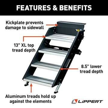 Lippert Solid Step 26" Quad Manual RV Step Assembly, 8" Rise, Aluminum and Steel, Anti-Slip Steps, Adjustable Legs, No Bounce, Travel Trailers, 5th Wheels, Campers - 791574