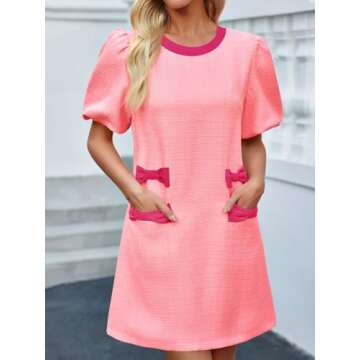 Wenrine Women's Summer Mini Dress - Casual Tweed Short Sleeve Dress with Pockets (Pink)