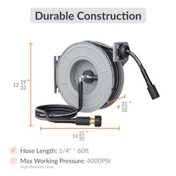 Giraffe Tools Pressure Washer Hose Reel, 1/4" x 60 ft Retractable Pressure Washer Reel, Heavy Duty P...