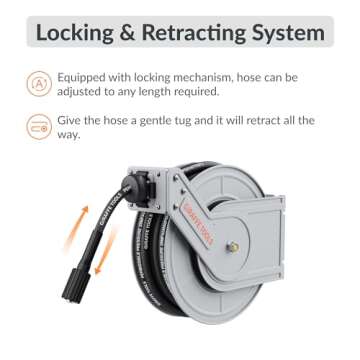Giraffe Tools Pressure Washer Hose Reel, 1/4" x 60 ft Retractable Pressure Washer Reel, Heavy Duty Power Washer Reel, Any Length Lock, Auto Rewind, Wall Mounted, 4000 PSI, 2 * M22-15mm Connectors