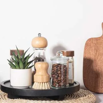 Round Decorative Tray Wood Bathroom Counter Organizer Farmhouse Kitchen Decor Wooden Riser for Soap Dish, Perfume, Candle, Sponge, 10" - Black