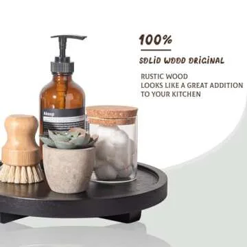 Round Decorative Tray Wood Bathroom Counter Organizer Farmhouse Kitchen Decor Wooden Riser for Soap Dish, Perfume, Candle, Sponge, 10" - Black