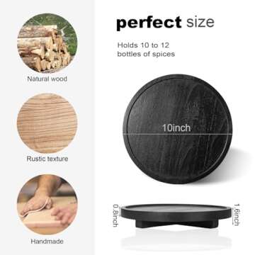 Round Decorative Tray Wood Bathroom Counter Organizer Farmhouse Kitchen Decor Wooden Riser for Soap Dish, Perfume, Candle, Sponge, 10" - Black