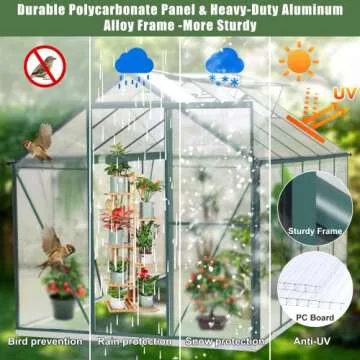 SELLERWE 6' x 10' Walk-in Polycarbonate Greenhouse with Sliding Door, 2 Vent Window, Rain Gutter, Base and Anchor, Aluminum Heavy Duty Hot House Kit for Outdoors in Winter or Any Season