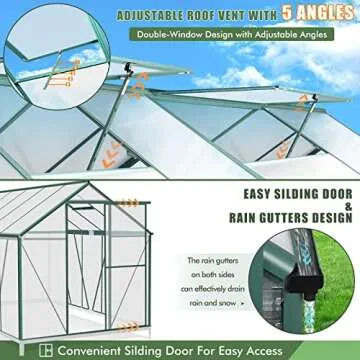SELLERWE 6' x 10' Walk-in Polycarbonate Greenhouse with Sliding Door, 2 Vent Window, Rain Gutter, Base and Anchor, Aluminum Heavy Duty Hot House Kit for Outdoors in Winter or Any Season