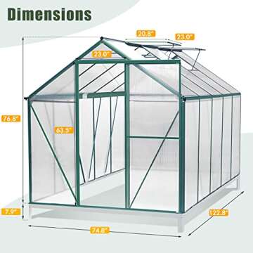 SELLERWE 6' x 10' Walk-in Polycarbonate Greenhouse with Sliding Door, 2 Vent Window, Rain Gutter, Base and Anchor, Aluminum Heavy Duty Hot House Kit for Outdoors in Winter or Any Season