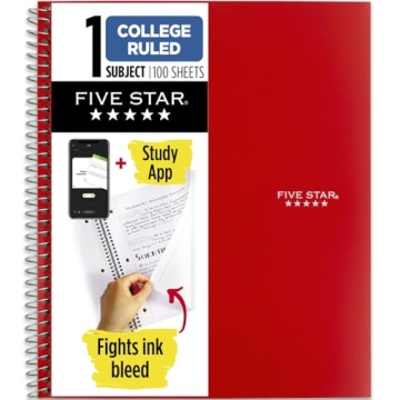 Five Star Spiral Notebook Plus Study App, 1 Subject, College Ruled, Fire Red