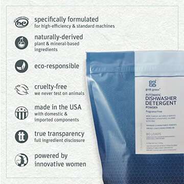 Grab Green Automatic Dishwashing Detergent Powder 3.17 lbs, 80 Loads, Fragrance Free, Plant and Mine...