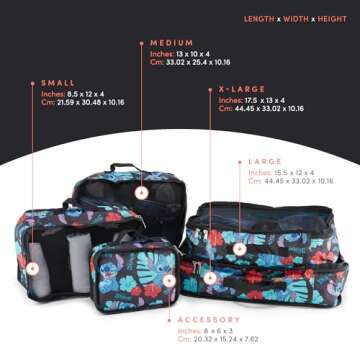 Disney Minnie Mickey Stitch Packing Cubes - 5 Piece Travel Set for Kids and Adults
