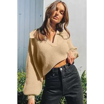 CHYRII Women Casual Overized Puff Long Sleeve V Neck Knitted Polo Pullover Sweater Jumper Tops Apricot L