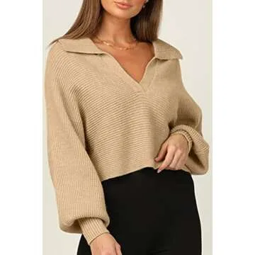 CHYRII Women Casual Overized Puff Long Sleeve V Neck Knitted Polo Pullover Sweater Jumper Tops Apricot L
