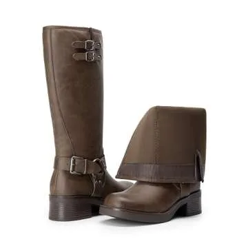 DREAM PAIRS Women's Knee High Boots Side Zipper Motorcycle Boots Square Toe Chunky Low Heel Fashion Buckles Biker Riding Boots,Size 8,BROWN-NUBUCK,SDKB2412W