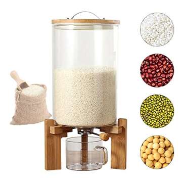 PIOJNYEN Rice Dispenser, Food Storage Containers, Glass Grain Container with Airtight Bamboo Lids & Wooden Stand, Rice Container Cereal Dispenser Bucket for Kitchen Soybean Corn (Style 12)