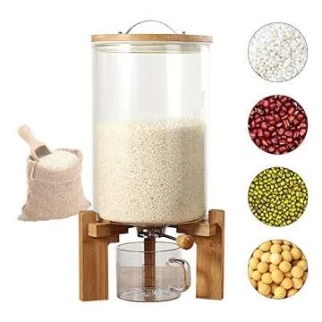 PIOJNYEN Rice Dispenser, Food Storage Containers, Glass Grain Container with Airtight Bamboo Lids & Wooden Stand, Rice Container Cereal Dispenser Bucket for Kitchen Soybean Corn (Style 12)