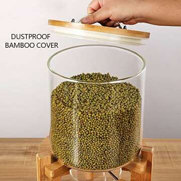 PIOJNYEN Rice Dispenser, Food Storage Containers, Glass Grain Container with Airtight Bamboo Lids & Wooden Stand, Rice Container Cereal Dispenser Bucket for Kitchen Soybean Corn (Style 12)