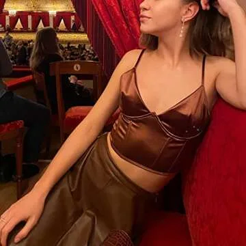 Meladyan Women Sexy Spaghetti Strap Satin Crop Corset V Neck Sleeveless Crop Bustier Slim Fit Clubwear Crop Camis Top (US, Alpha, Small, Regular, Regular, Brown -1)