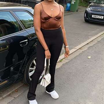 Meladyan Women Sexy Spaghetti Strap Satin Crop Corset V Neck Sleeveless Crop Bustier Slim Fit Clubwear Crop Camis Top (US, Alpha, Small, Regular, Regular, Brown -1)