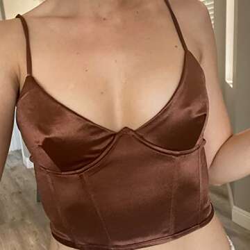 Meladyan Women Sexy Spaghetti Strap Satin Crop Corset V Neck Sleeveless Crop Bustier Slim Fit Clubwear Crop Camis Top (US, Alpha, Small, Regular, Regular, Brown -1)
