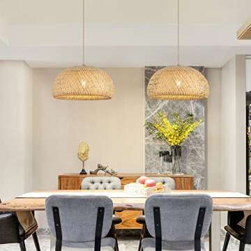 Bamboo Large Plug in Pendant Light with 14ft Handmade Woven Light Cord, Dimmable Switch, Rustic Bask...