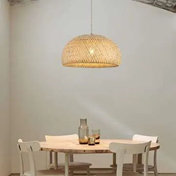 Bamboo Large Plug in Pendant Light with 14ft Handmade Woven Light Cord, Dimmable Switch, Rustic Basket Hanging Lamp for Bedroom Kitchen Island Farmhouse Dining Room Living Room,17.8 inch Width