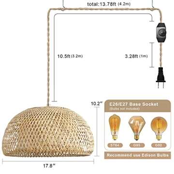 Bamboo Large Plug in Pendant Light with 14ft Handmade Woven Light Cord, Dimmable Switch, Rustic Basket Hanging Lamp for Bedroom Kitchen Island Farmhouse Dining Room Living Room,17.8 inch Width
