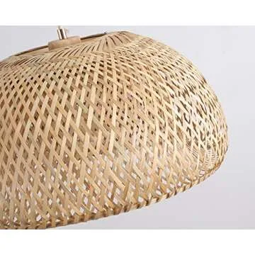 Bamboo Large Plug in Pendant Light with 14ft Handmade Woven Light Cord, Dimmable Switch, Rustic Basket Hanging Lamp for Bedroom Kitchen Island Farmhouse Dining Room Living Room,17.8 inch Width
