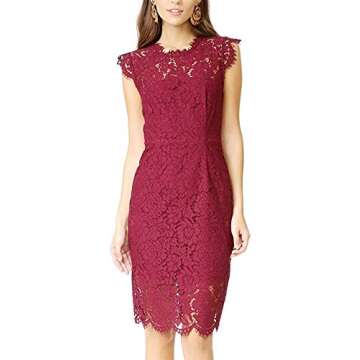 Women's Floral Lace Cocktail Dress Crew Neck Knee Length Evening Dress for Party