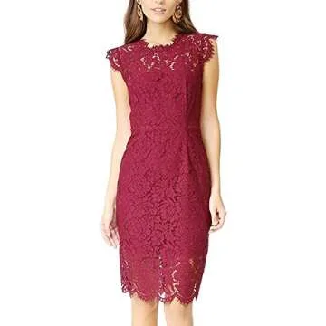 Women's Floral Lace Cocktail Dress Crew Neck Knee Length Evening Dress for Party