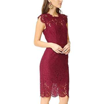 Women's Floral Lace Cocktail Dress Crew Neck Knee Length Evening Dress for Party