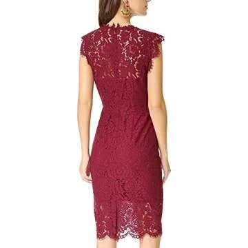 Women's Floral Lace Cocktail Dress Crew Neck Knee Length Evening Dress for Party