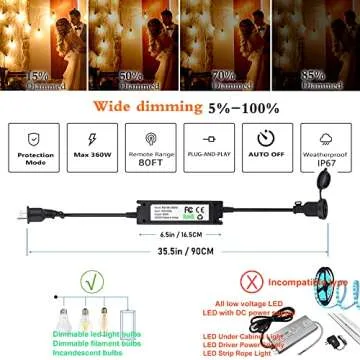 Newpow Outdoor Dimmer for String Lights Max 360W, Timer Switch(6H&8H) Auto Daily Cycle, Brightness Memory Function, IP67 Waterproof, 60Ft Remote Range for Dimmable Outdoor String Lights, Floor Lamp