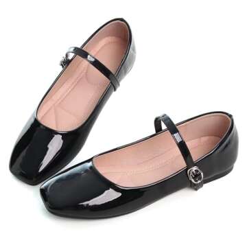 LUXINYU Mary Jane Flat Shoes for Women Patent Leather Square Toe Adjustable Buckle Strap Ballet Danc...