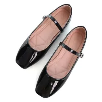 LUXINYU Mary Jane Flat Shoes for Women Patent Leather Square Toe Adjustable Buckle Strap Ballet Dance Shoes,Black 7.5