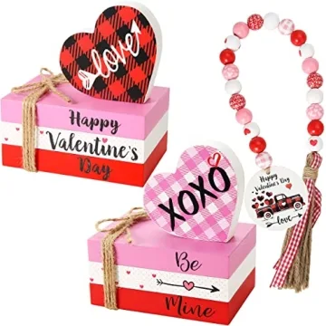 Hrency Valentines Day Tiered Tray Decor Faux Books & Wood Sign Book Stack for Heartfelt Home Decorat...