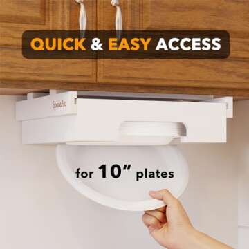 SpaceAid 10-inch Paper Plate Dispenser, Under Cabinet Bamboo Plates Holder, Kitchen Counter Vertical Dipensers Holders Countertop Caddy, White