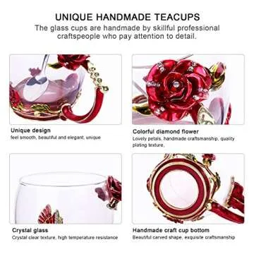 Kpcuisite Glass Tea Cup Coffee Mugs & Gifts for Women with Spoon Beautiful Rose Flower Butterfly (Red)
